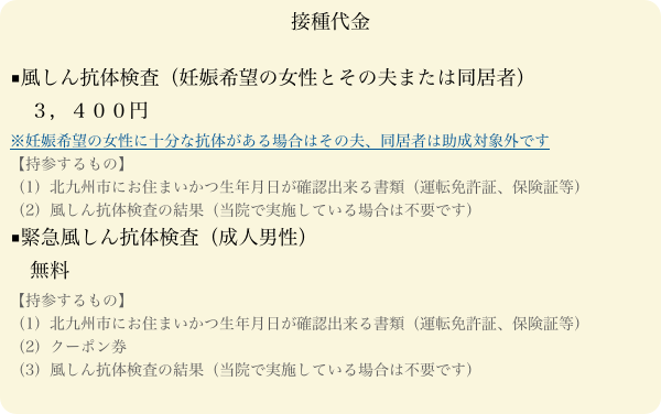 接種代金

■風しん抗体検査（妊娠希望の女性とその夫または同居者）
　３，４００円 
※妊娠希望の女性に十分な抗体がある場合はその夫、同居者は助成対象外です
【持参するもの】
（1）北九州市にお住まいかつ生年月日が確認出来る書類（運転免許証、保険証等）
（2）風しん抗体検査の結果（当院で実施している場合は不要です）
■緊急風しん抗体検査（成人男性）
　無料
【持参するもの】
（1）北九州市にお住まいかつ生年月日が確認出来る書類（運転免許証、保険証等）
（2）クーポン券
（3）風しん抗体検査の結果（当院で実施している場合は不要です）


